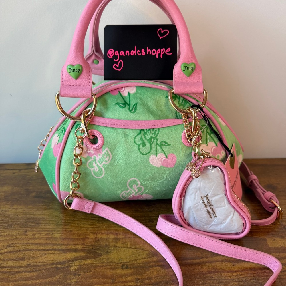 New Juicy Couture Retro Cherry Satchel Green Pink Shoulder Handbag Summer Cute